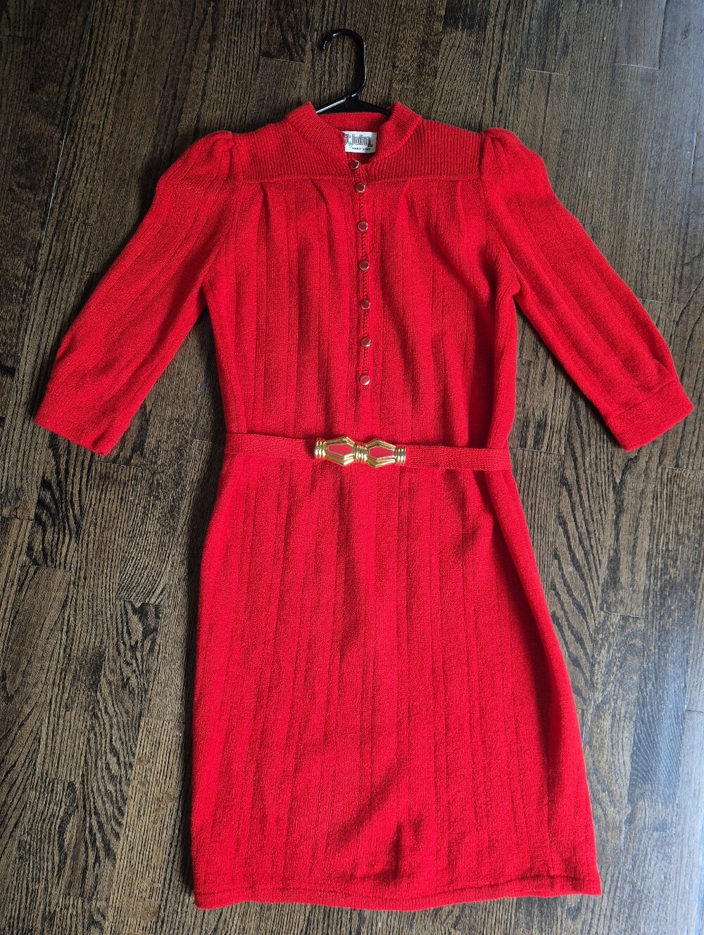 St. John Red Knit Dress with Gold Buckle